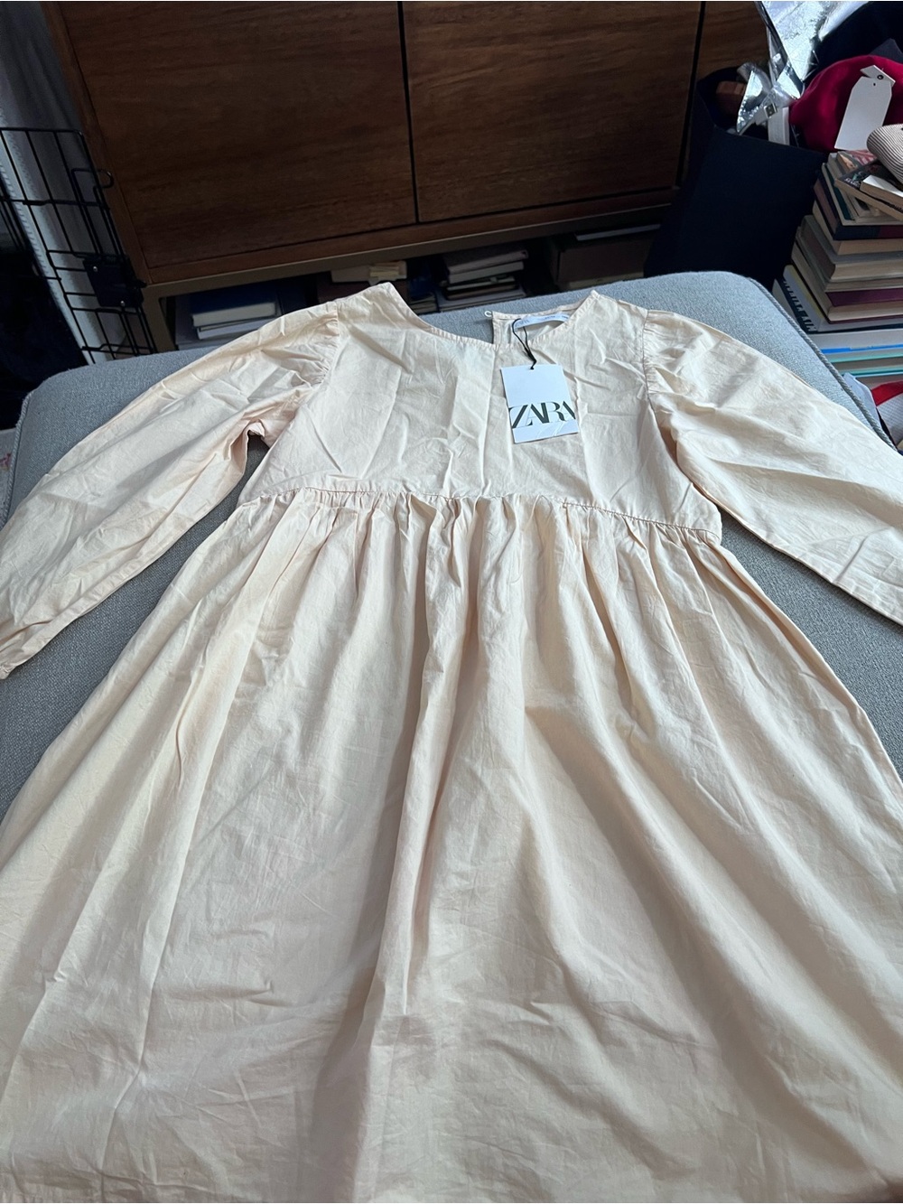 NWT Zara Girls Cream Cotton Babydoll Dress Puff Sleeve Size 11-12 Yrs / 152cm